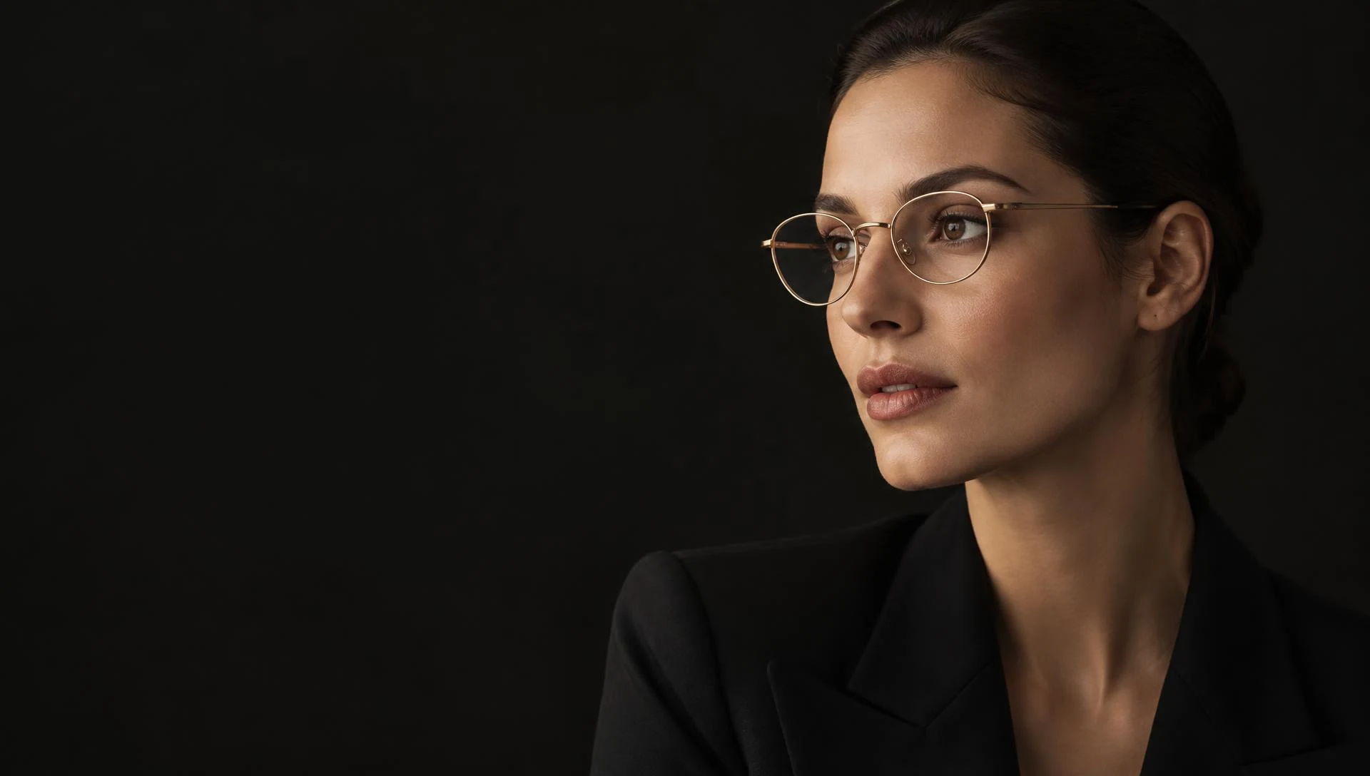 Mulher morena com óculos redondos dourados e blazer preto